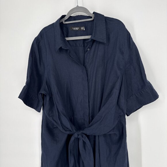 Lauren Ralph Lauren Plus Size 20 Tie Front Linen Shirt Dress Lauren Navy Linen - Picture 8 of 13